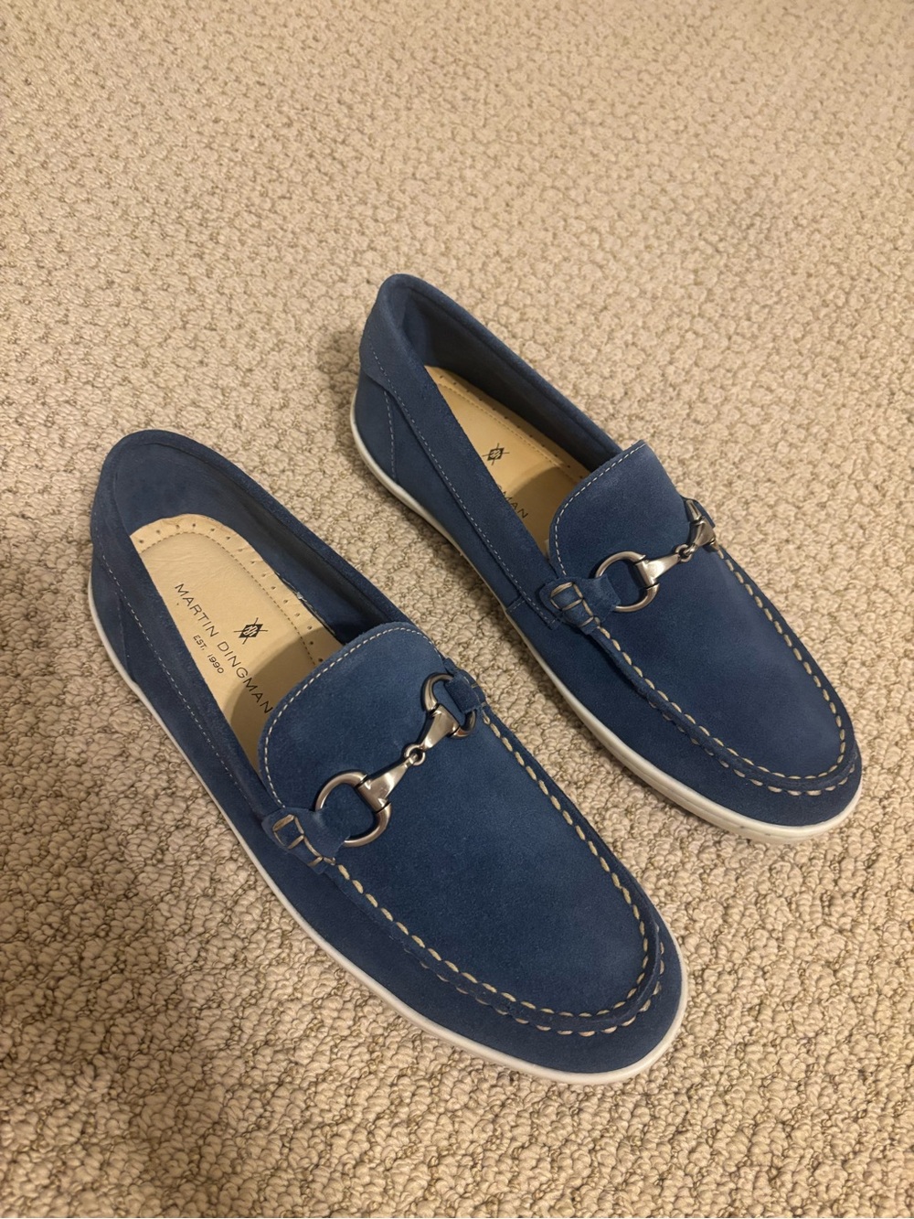 Martin Dingman Navy Suede Slip-On Loafers with Silver Bit